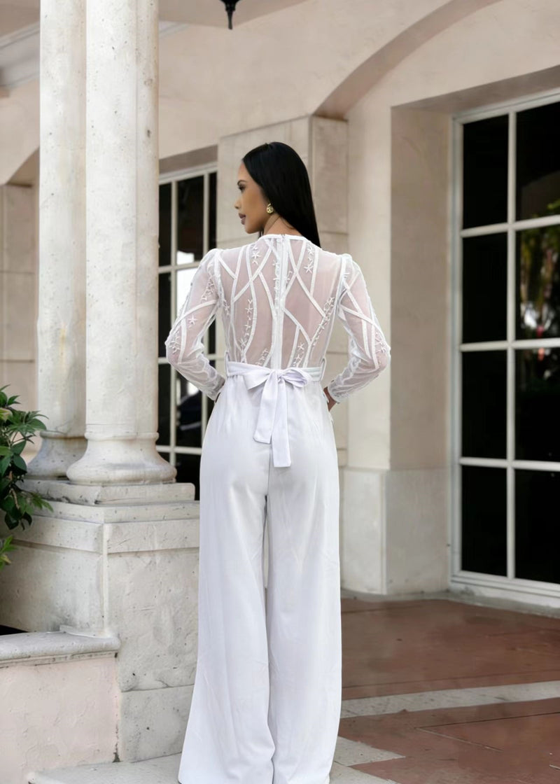 Mesh Embroidery Belt Wide Leg Jumpsuit LA 6006