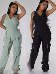 Plus Size Sleeveless V Neck Bandage Jumpsuit GHXF HX0417