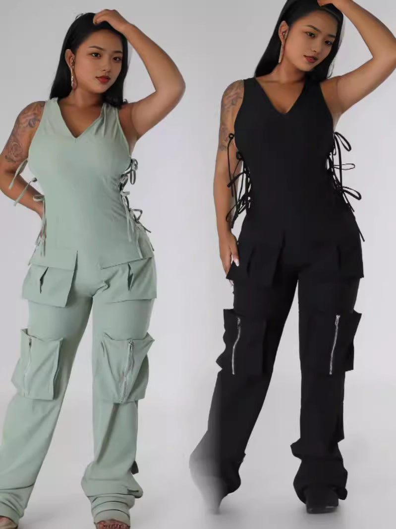 Plus Size Sleeveless V Neck Bandage Jumpsuit GHXF HX0417