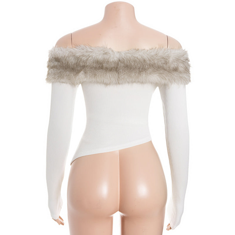 Fur Neck One Shoulder Tops GAXB D397TP
