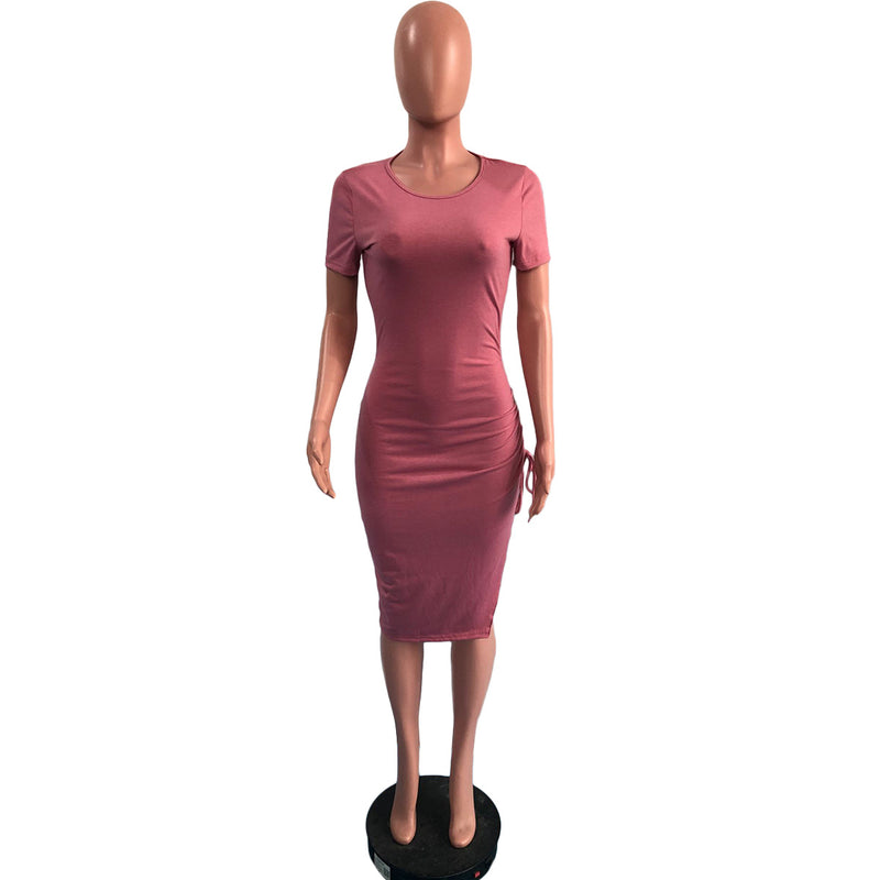 Solid Short Sleeve Drawstring Split Bodycon Dress OMY 81051