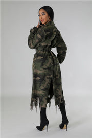 Camouflage Print Holes Long Trench Coat SH 391323