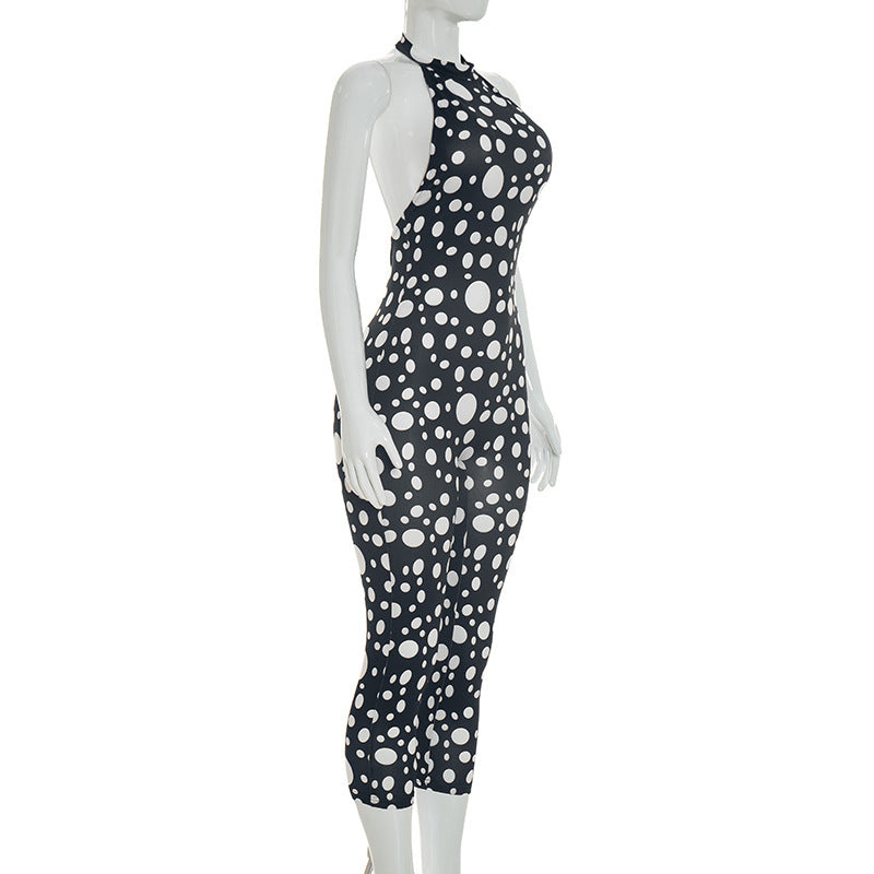 Polka Dots Print Tie Up Backless Jumpsuit GDSF D26JP077