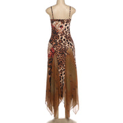 Mesh Patchwork Print Sling Maxi Dress GZJQ K6D07210A