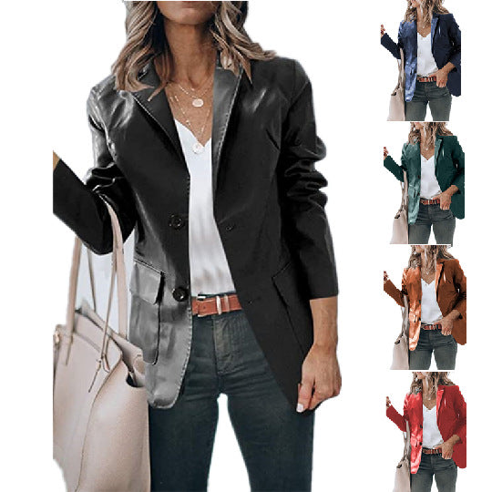 Plus Size Single Breasted Solid Color PU Leather Long Sleeve Top GYOU CX20708