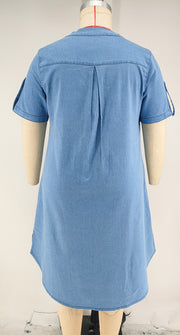 Plus Size Casual Short Sleeve Denim Midi Dress GDAM 218826