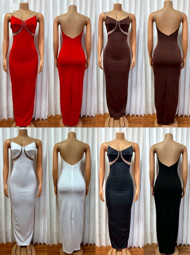 V Neck Sling Slim Maxi Dress GMYU 11500