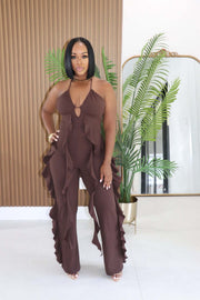 Halterneck Deep V Neck Ruffles Jumpsuit GTYZ 7626