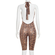 Deep V Neck Snake Print Backless Romper GDSF D26RP009