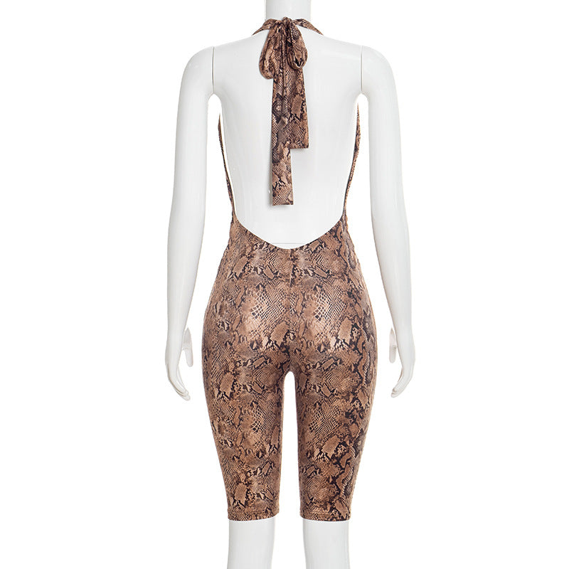 Deep V Neck Snake Print Backless Romper GDSF D26RP009