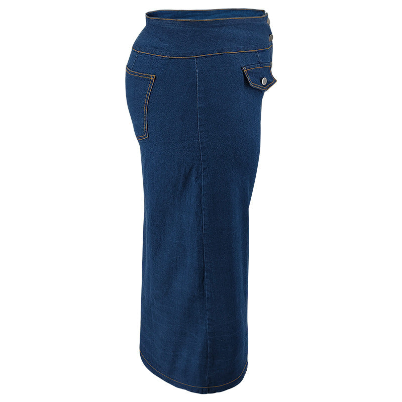 Plus Size Button Fake Pocket Denim Skirt GDAM 048