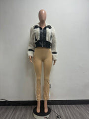Faux Fur Collar Patchwork Leather Jacket with Lining YMEF 58015