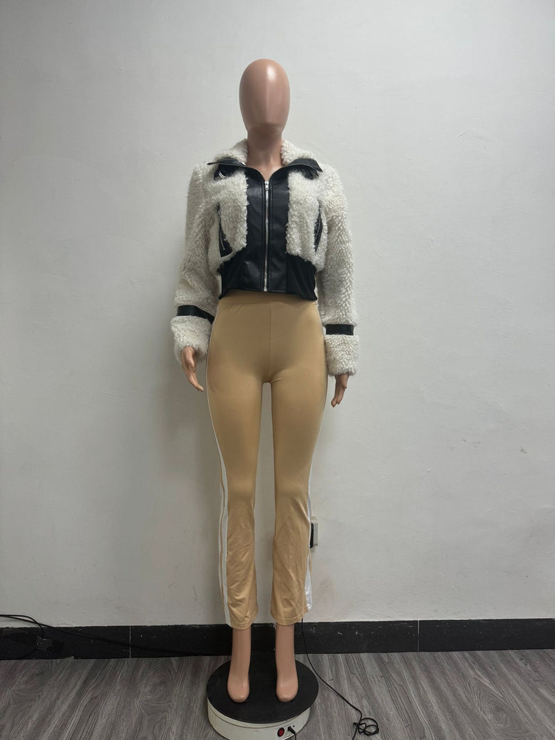 Faux Fur Collar Patchwork Leather Jacket with Lining YMEF 58015