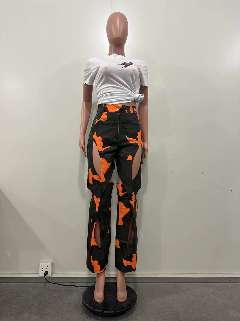 Camouflage Print Holes Cross Straight Pants OD 8600
