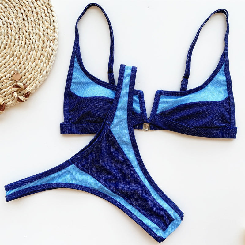 Color Block V Neck Bikinis Two Piece Swimsuit CASF 6073