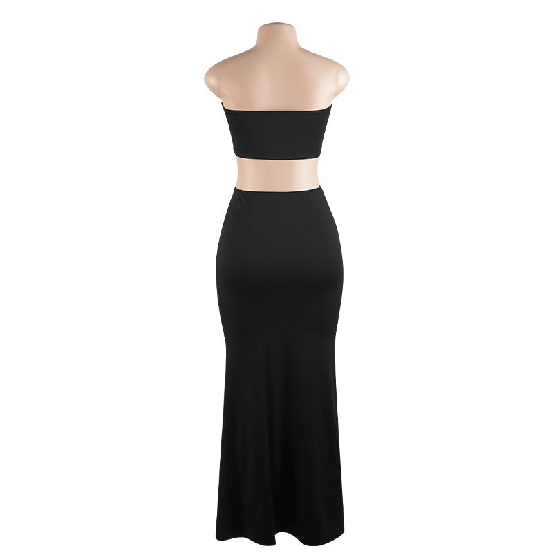 Solid Color Wrap Chest And Long Skirts 2 Piece Set GAXB A493ST