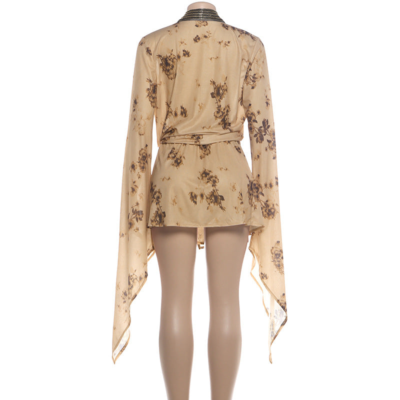 V Neck Tie Up Long Sleeve Mini Dress XEF K6D08886A