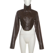 High Neck Solid Color Short Zipper PU Leather Jacket XEF K25C84468
