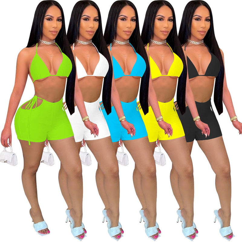 Sexy Solid Bra Top And Shorts Two Piece Sets FOSF 8082