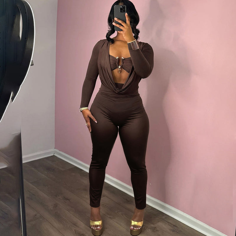 Solid Color Wrap Chest Long Sleeve Jumpsuit XEF K25Q77505