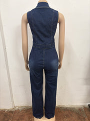 Sleeveless Zipper Lapel Denim Jumpsuit OSM 6012