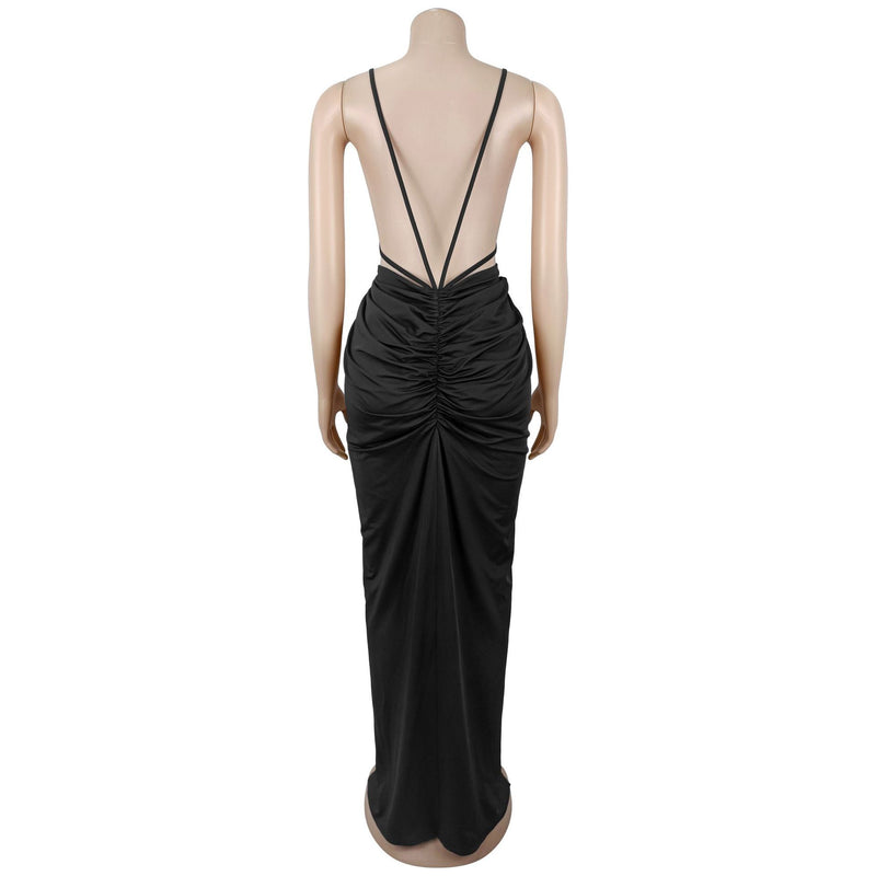 V Neck Cross Hollow Out Split Maxi Dress BY 7802