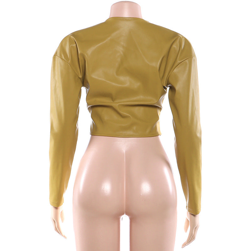 Solid Color Ruched Leather Coats DLSF K25L88954