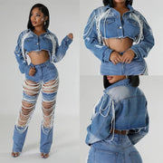 Fashion Pearl Chain Denim Jacket ORY 5277