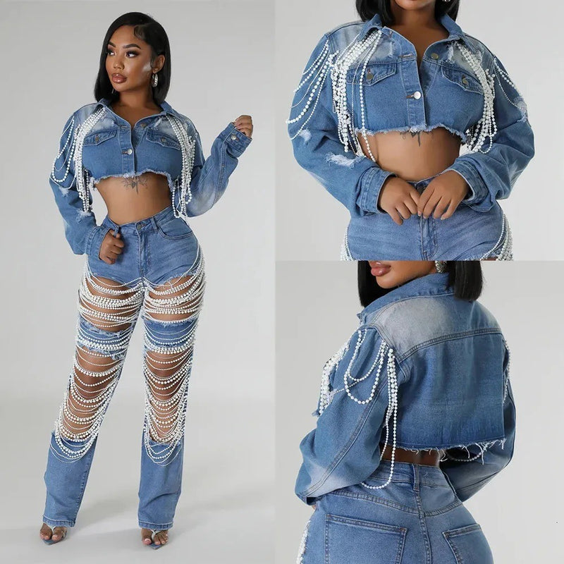 Fashion Pearl Chain Denim Jacket ORY 5277