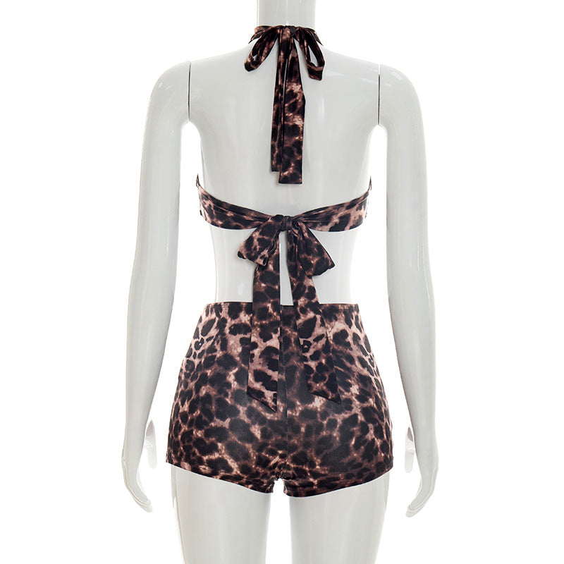 Leopard Print Tie Up Two Piece Shorts Set GDSF J26ST137
