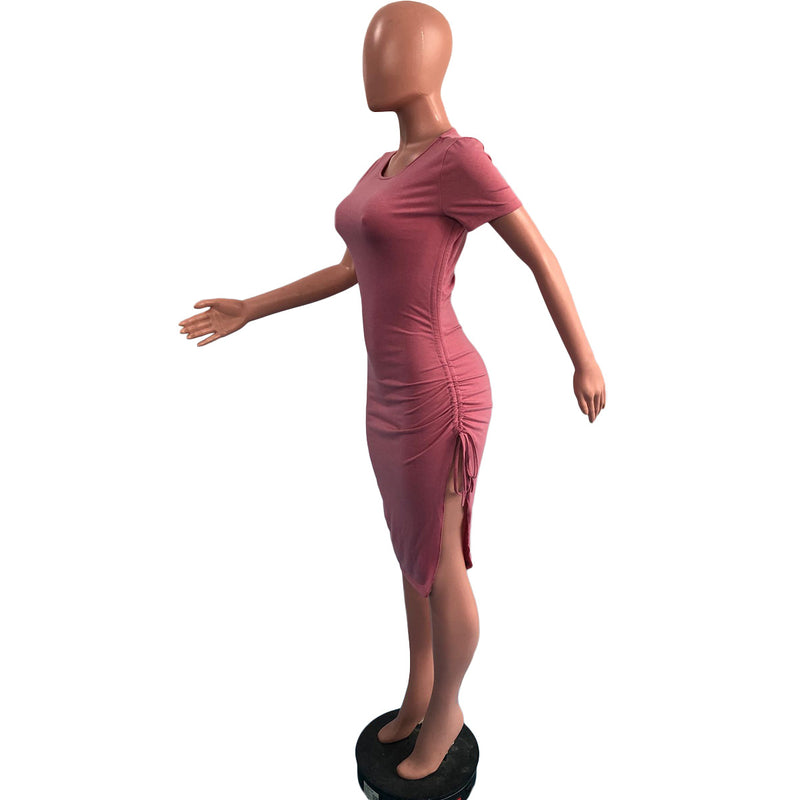Solid Short Sleeve Drawstring Split Bodycon Dress OMY 81051