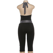 V Neck Patchwork Halterneck Tie Up Seventh Jumpsuit GZJQ K6Q05199A