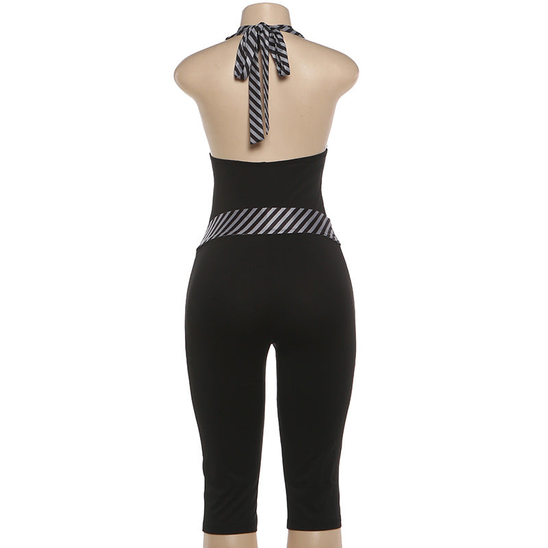 V Neck Patchwork Halterneck Tie Up Seventh Jumpsuit GZJQ K6Q05199A