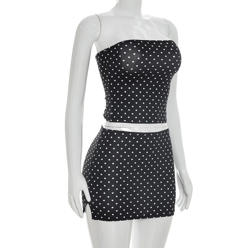 Polka Dot Print Tube Top Mini Skirt 2 Piece Set GDSF D26ST233