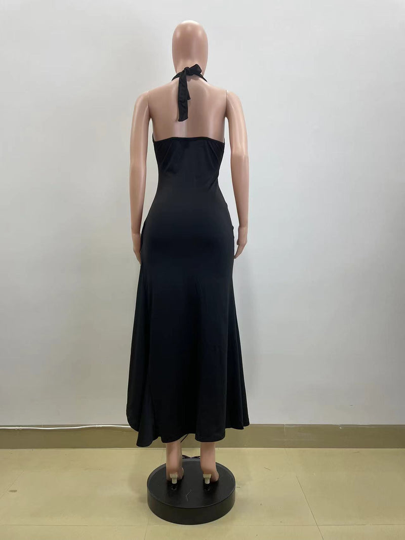 Deep V Neck Halter Backless Split Maxi Dress QOUY M6032