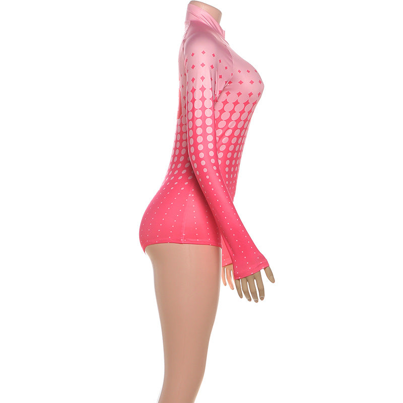 Print Stand Collar Zipper Romper DLSF K25Q82279