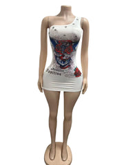 Print Slash Shoulder Mini Dress GFCF 1519
