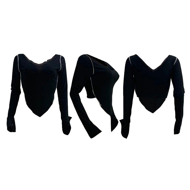 Casual Ribbed V neck Solid Long Sleeve Top GLF 08009