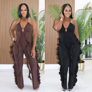 Halterneck Deep V Neck Ruffles Jumpsuit GTYZ 7626