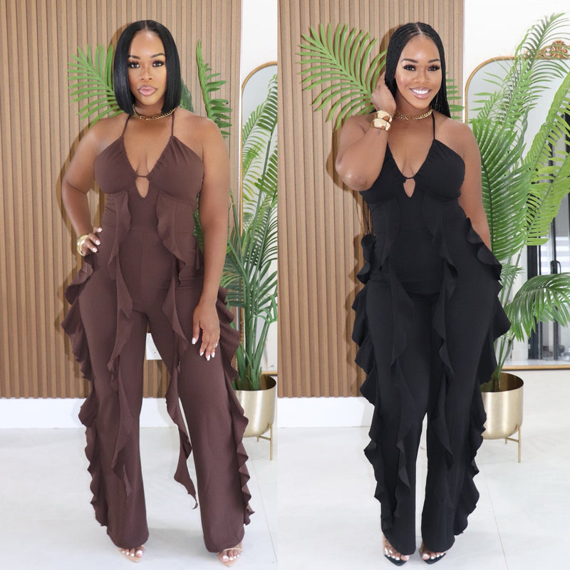 Halterneck Deep V Neck Ruffles Jumpsuit GTYZ 7626