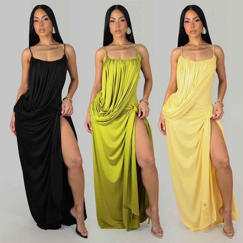 Solid Color High Split Spaghetti Strap Maxi Dress BY 7808