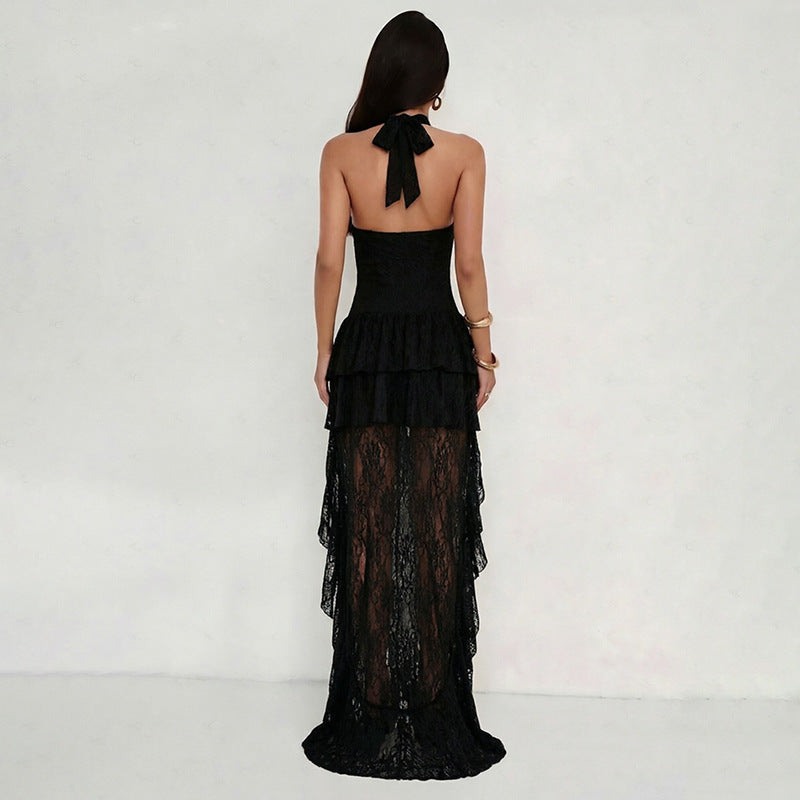 Lace Patchwork Halterneck Mini Dress GZJQ K6D13353A