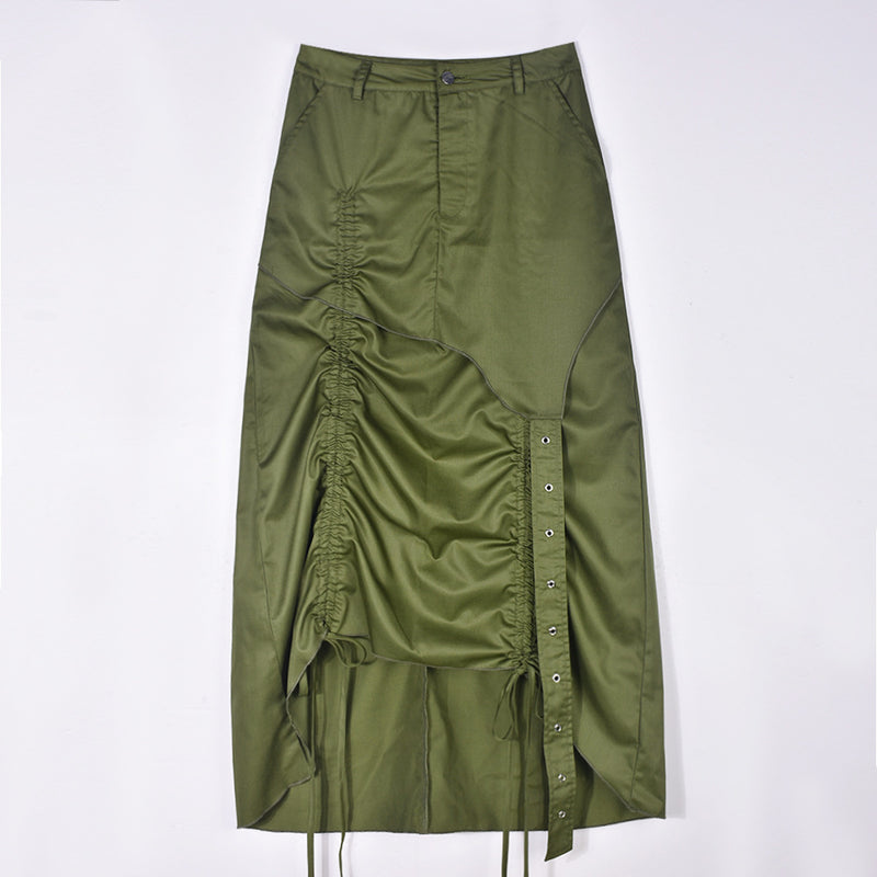 Slit Drawstring Pleated Half body Skirt GNZD 9131DD