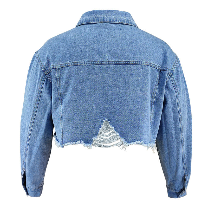 Plus Size Long Sleeve Holes Denim Jackets GDAM 218709