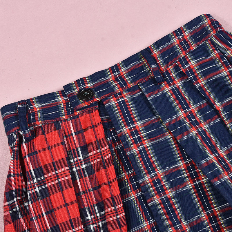 Patchwork Contrast Color Plaid Split Skirt GNZD 7993SG