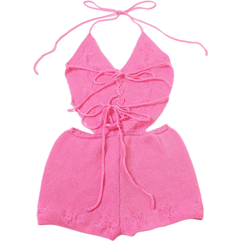 Hollow Out Solid Color Backless Romper GYME W25Q67401