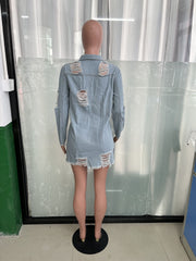 Fringed Single breasted Hole Long Denim Jacket LX 3562