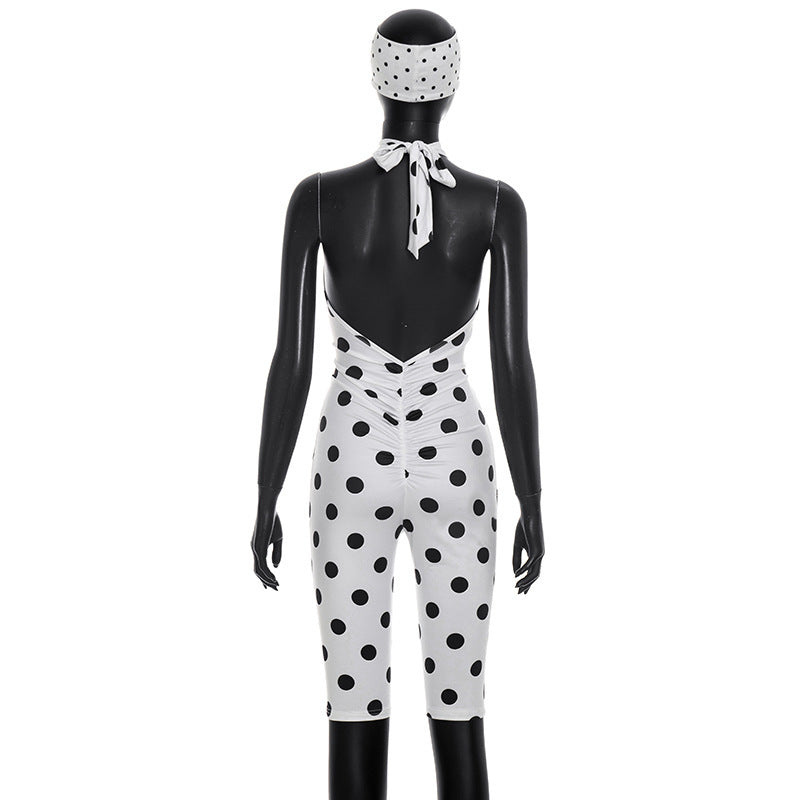 Polka Dots Print Tie Up Backless Seventh Jumpsuit With Hairband GDSF D26JP095