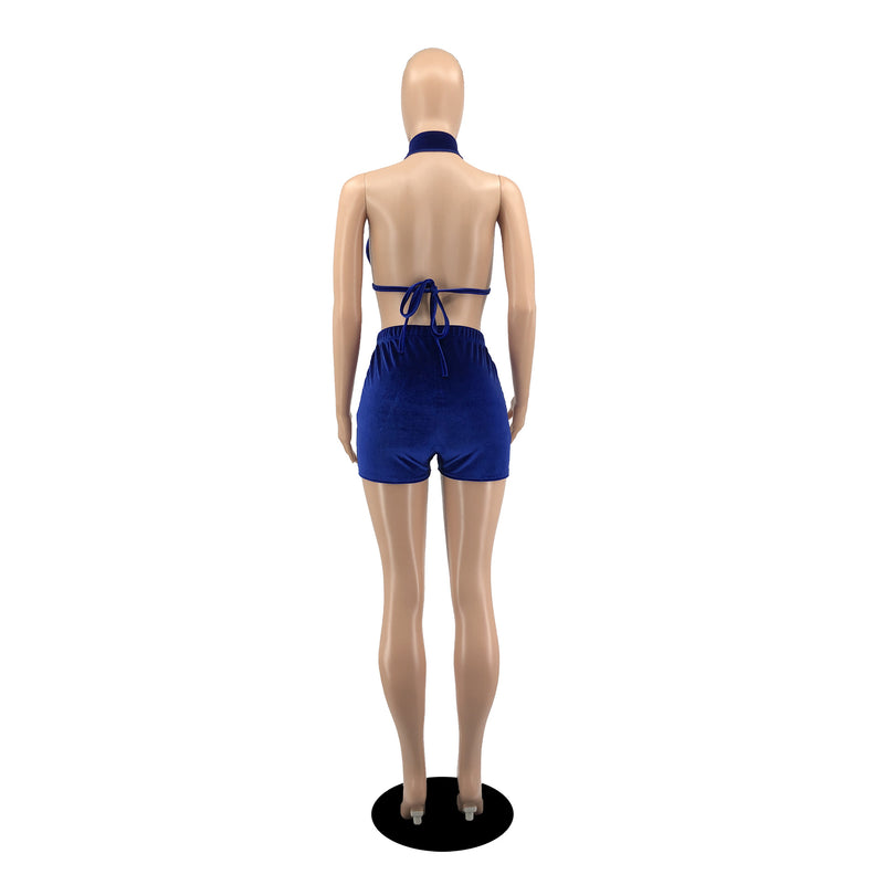 Sexy Solid Halter Top And Shorts Two Piece Sets YIBF 6046