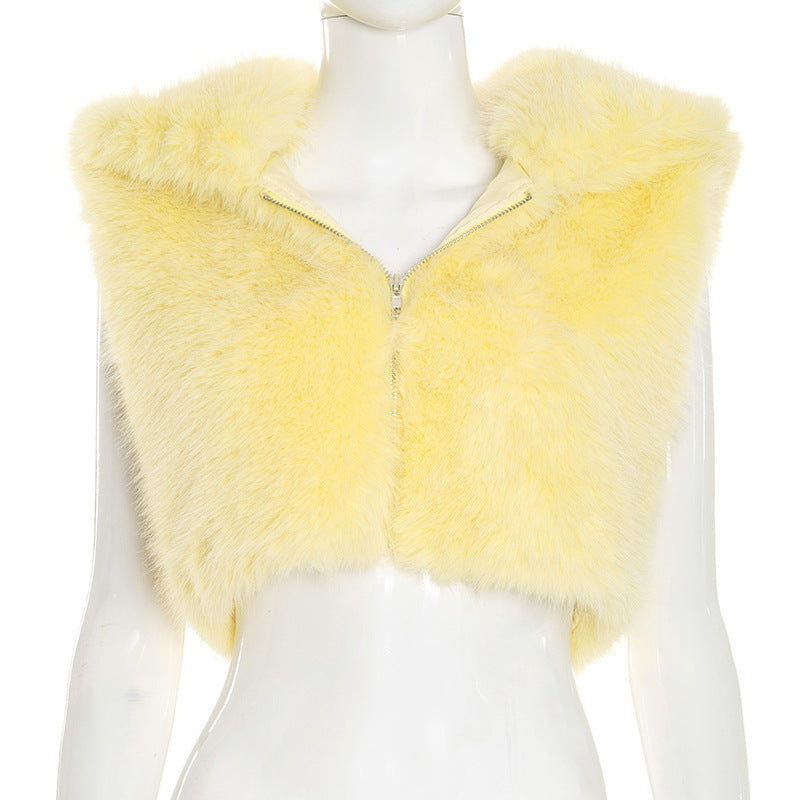 Solid Color Fur Zipper Hooded Short Jacket GDSF J25TP213